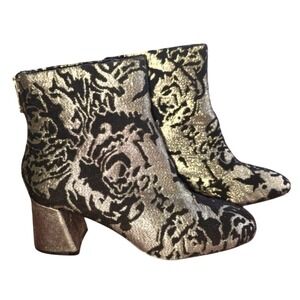Nanette Lepore Gold Floral Jacquard Ankle Boots Block Heel Sz 7.5 M Party Ready
